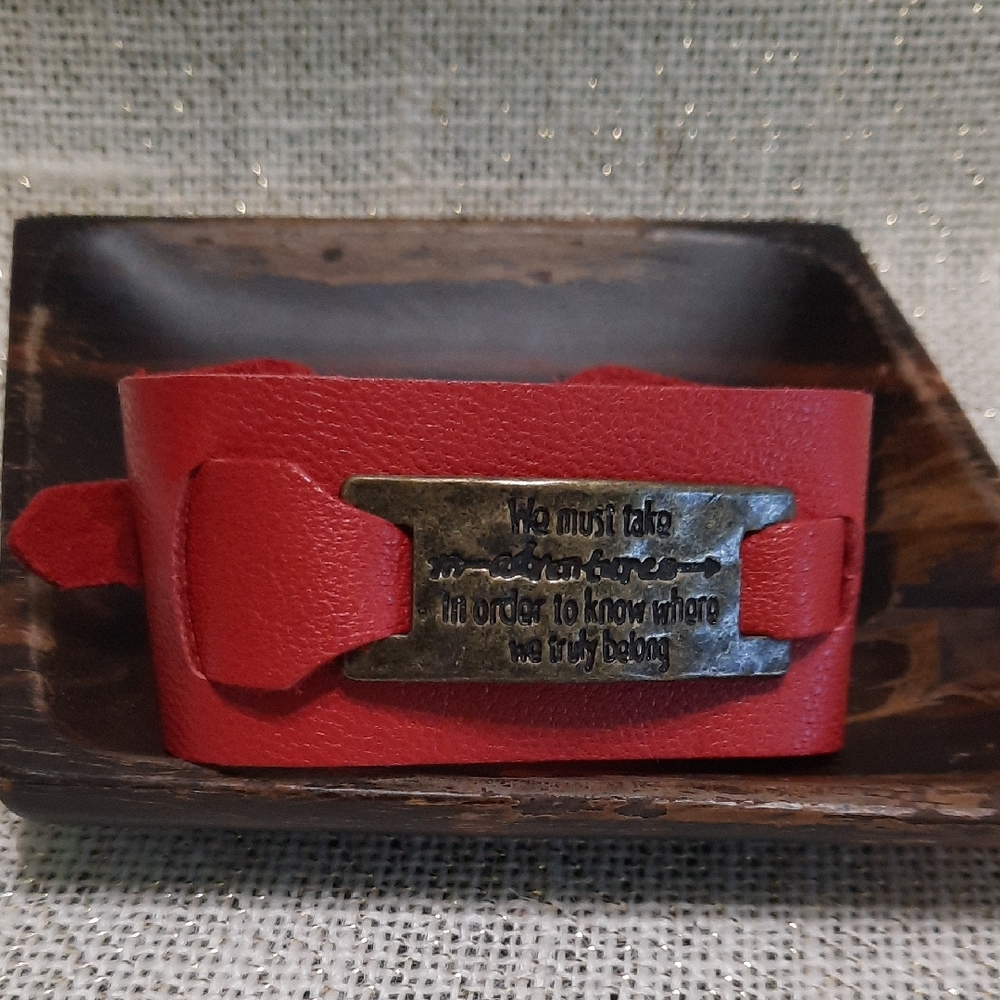 Red Leather Bracelet with Inspirational Quote Plate Antique Bronze